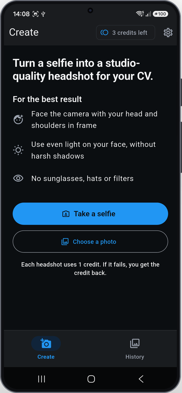 CVShot's Create screen: tips for a good selfie, and buttons to take a selfie or choose a photo.